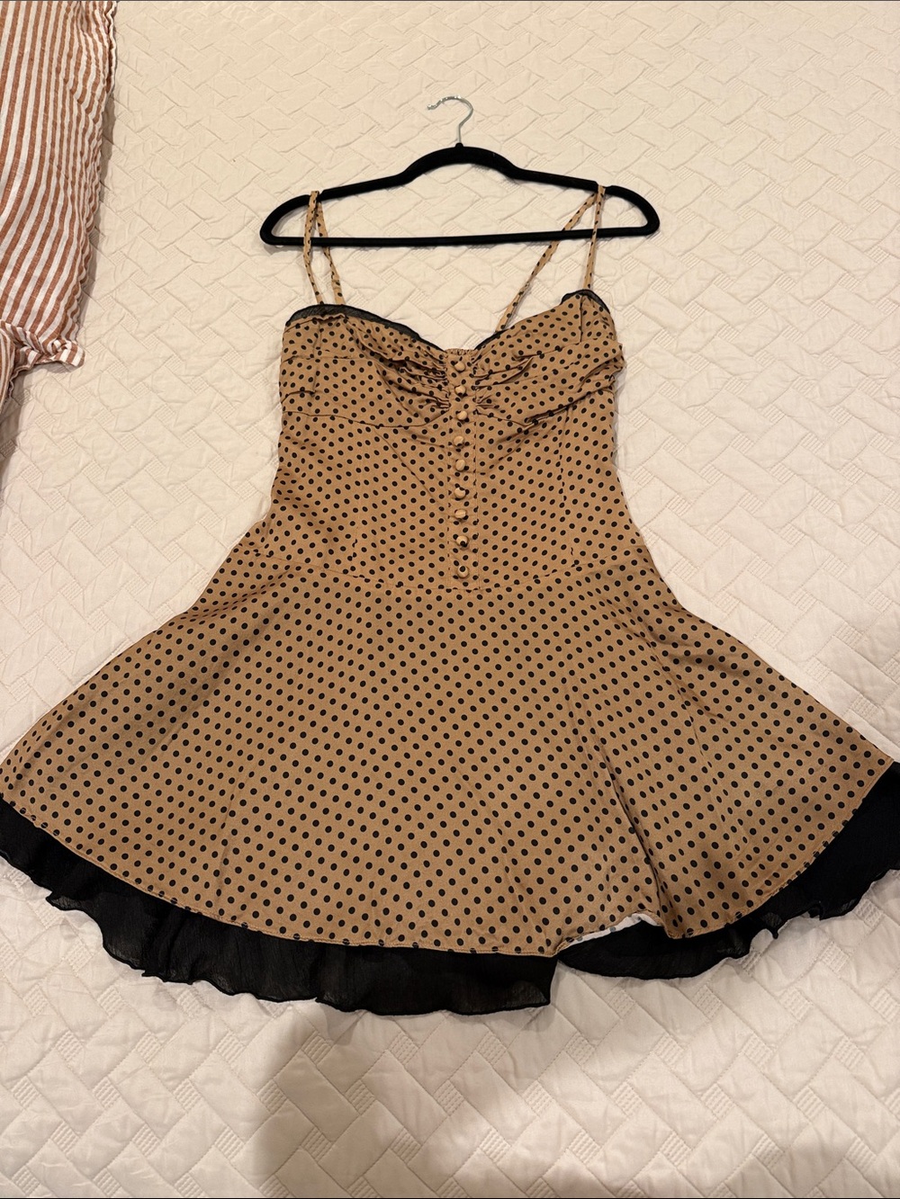 Reformation 100% Silk Tan Polka Dot Spaghetti-Strap Dress with Black Trim